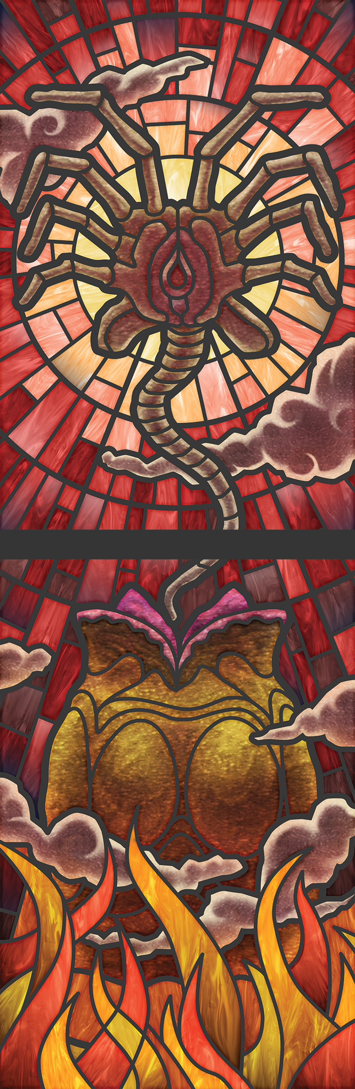 Heaven and Hell stained-glass illustration, panel 5 — Alien
